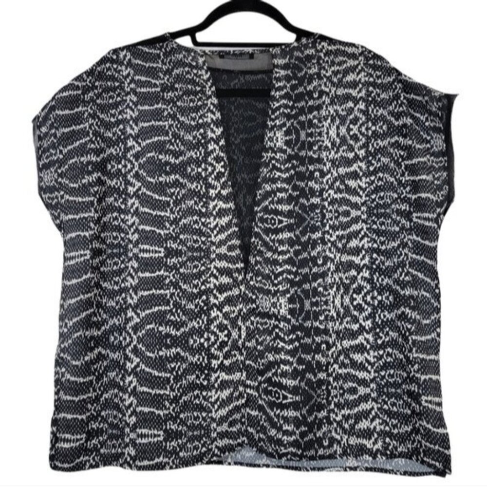 Parfois Top Blouse Animal Print‎ Black and White with Sheer Panel Womens Large